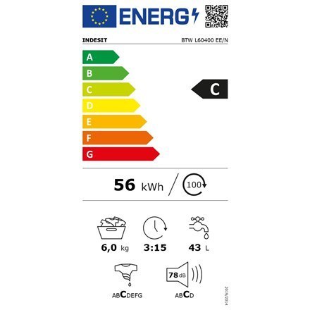 INDESIT INDESIT | BTW L60400 EE/N | Pralka | Klasa efektywności energetycznej C | Ładowanie od góry | Pojemność prania 6 kg | 951 obr/mi