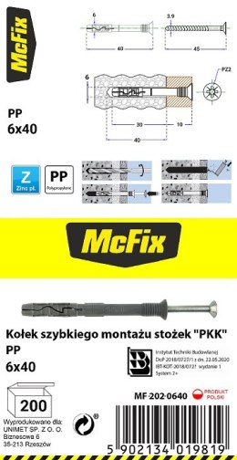 MC FIX KOŁEK SZYBKI MONTAŻ STOŻEK PP 6*40MM