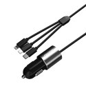 3w1 ładowarka samochodowa USB + wbudowany kabel Lightning USB-C micro USB czarny