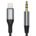 Kabel audio AUX w oplocie bawełnianym iPhone Lightning - mini jack 3.5mm 1m szary