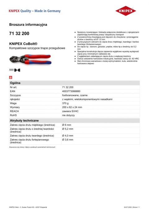 KNIPEX KOMPAKTOWE SZCZYPCE TNĄCE PRZEGUBOWE COBOLT 200MM