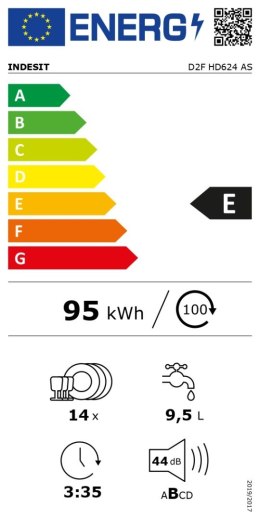 INDESIT INDESIT | Zmywarka | D2F HD624 AS | Wolnostojąca | Szerokość 60 cm | Liczba kompletów naczyń 14 | Liczba programów 9 | Klasa efe