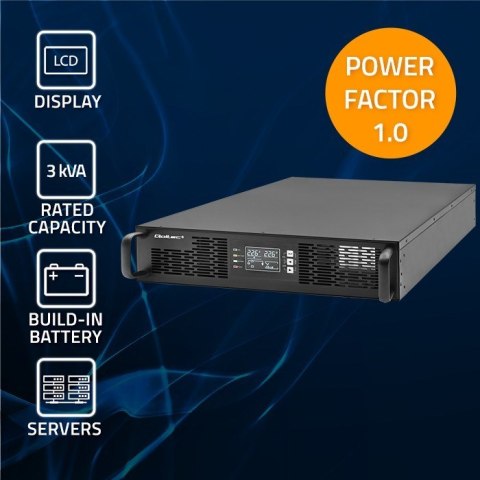 QOLTEC ZASILACZ AWARYJNY DO RACK 3KVA | 3000W | POWER FACTOR 1.0 | LCD | EPO | USB | ON-LINE